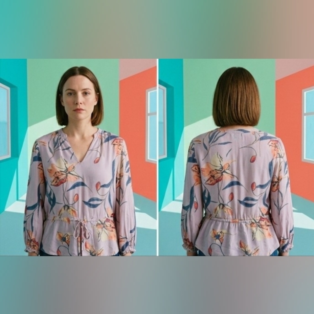 A New Day Peplum Blouse 3/4 Sleeve Pink and Blue